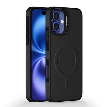 Pikkme iPhone 16 Plus Pu Leather with Metal Frame Lens Protection Bumper Case (Black)