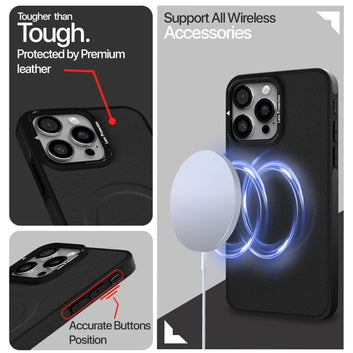 Pikkme iPhone 15 Pro Max Pu Leather with Metal Frame Lens Protection Bumper Case (Black)