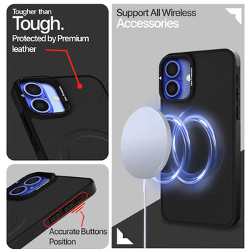 Pikkme iPhone 16 Plus Pu Leather with Metal Frame Lens Protection Bumper Case (Black)