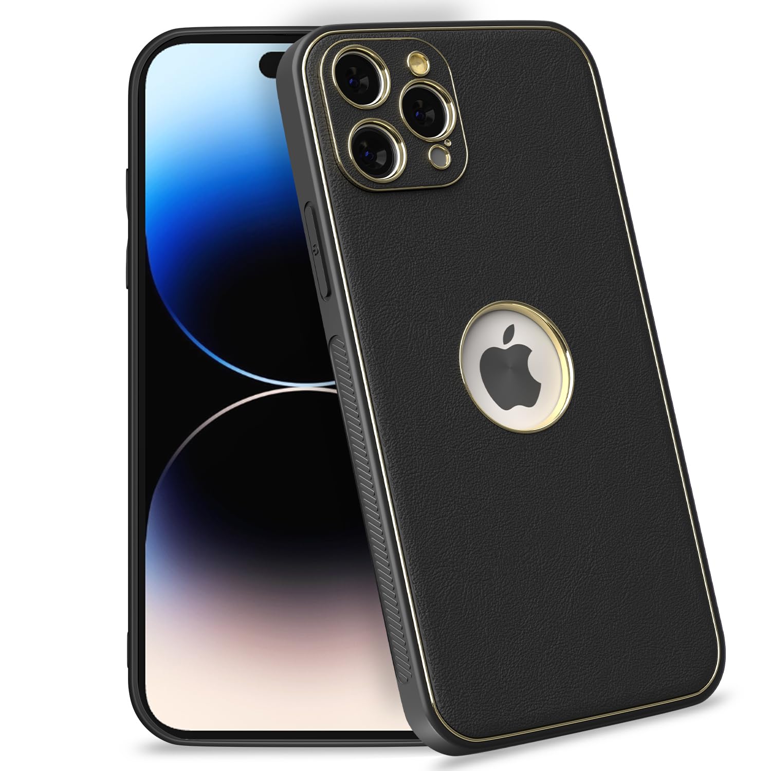 Pikkme iPhone 14 Pro Max Gold Electroplated Leather Chrome Back Cover | Black