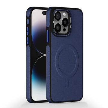 Pikkme iPhone 15 Pro Max Pu Leather with Metal Frame Lens Protection Bumper Case (Blue)