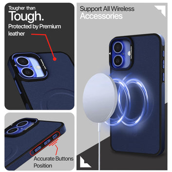 Pikkme iPhone 16 Plus Pu Leather with Metal Frame Lens Protection Bumper Case (Blue)