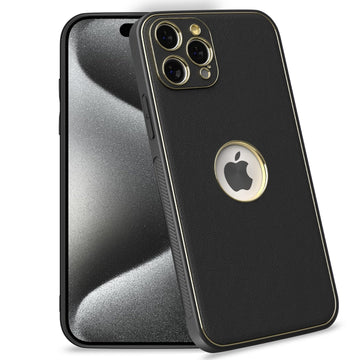 Pikkme iPhone 15 Pro Gold Electroplated Leather Chrome Back Cover (Black)