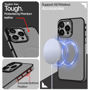 Pikkme iPhone 16 Pro Pu Leather with Metal Frame Lens Protection Bumper Case (grey)