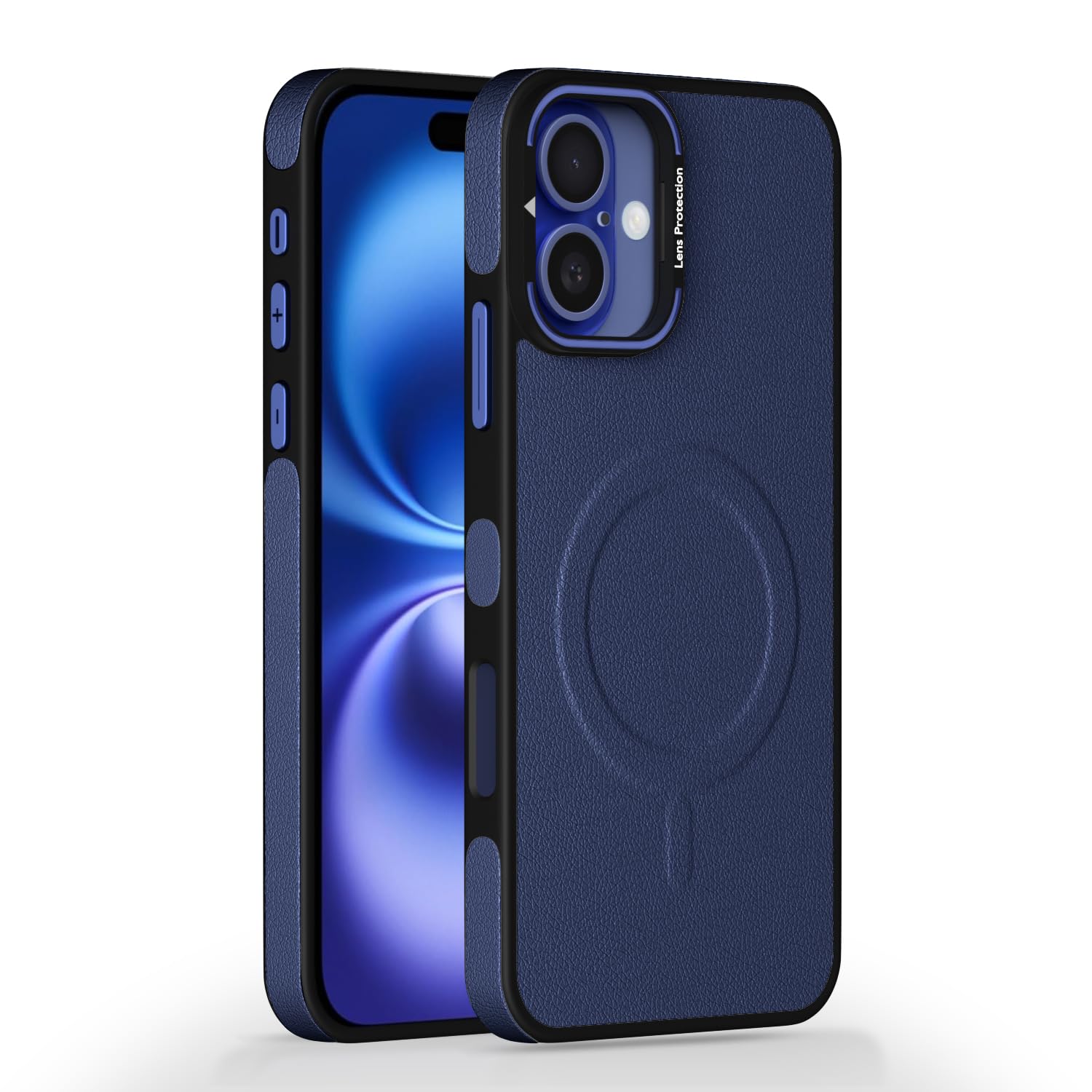 Pikkme iPhone 16 Plus Pu Leather with Metal Frame Lens Protection Bumper Case (Blue)