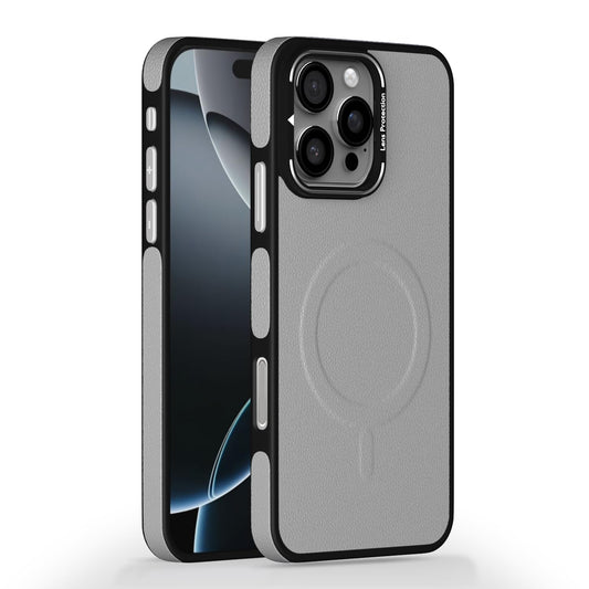 Pikkme iPhone 16 Pro Pu Leather with Metal Frame Lens Protection Bumper Case (grey)