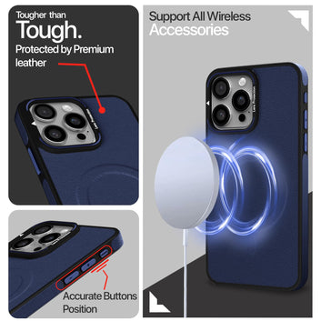 Pikkme iPhone 16 Pro Max Pu Leather with Metal Frame Lens Protection Bumper Case (Blue)