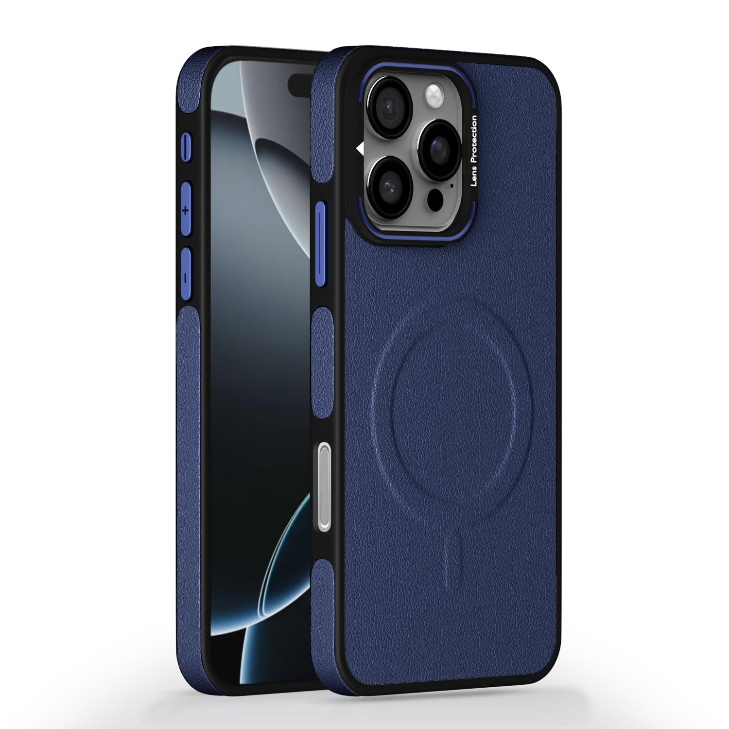 Pikkme iPhone 16 Pro Max Pu Leather with Metal Frame Lens Protection Bumper Case (Blue)