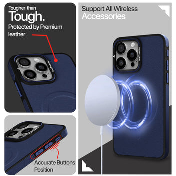 Pikkme iPhone 15 Pro Max Pu Leather with Metal Frame Lens Protection Bumper Case (Blue)